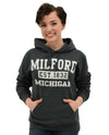 Graphite Milford MI Hoodie black comfortable women's hoodie that says Milford MI Est 1832