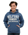 Denim Milford MI Hoodie comfortable blue women's hoodie that says Milford MI Est 1832