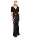 Black Adrianna Papell AP1E205644 Floral Sequin Column Dress With Short Sleeves and sequins