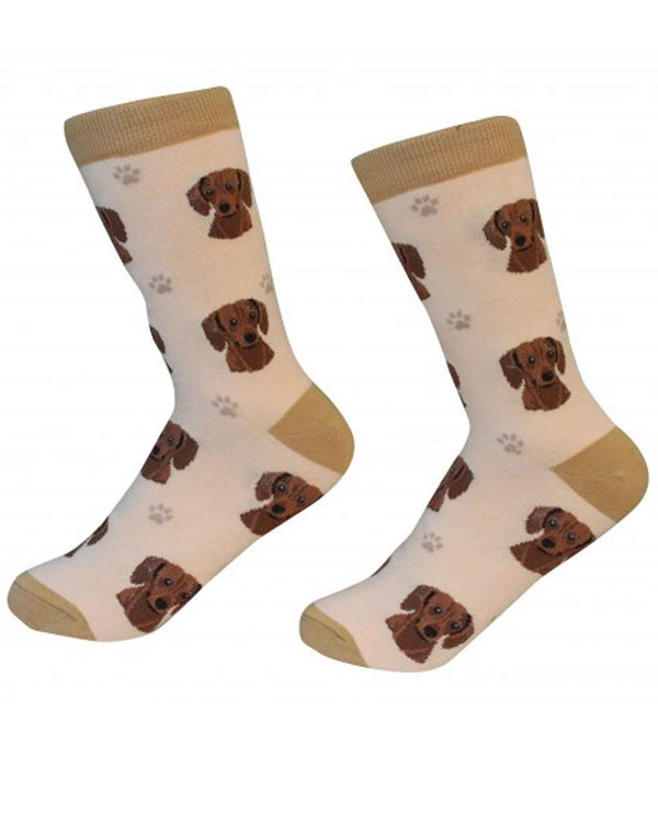 800-13 Red Dachshund Dog Socks tan cotton socks with Dachshund dog faces printed