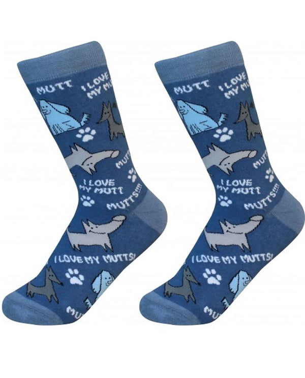 800-165 I Love My Mutt Dog Socks blue cotton dog socks that say I love my mutt on them