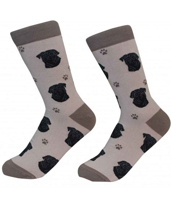 800-32 Black Pug Dog Socks tan cotton socks for women with black pug faces printed