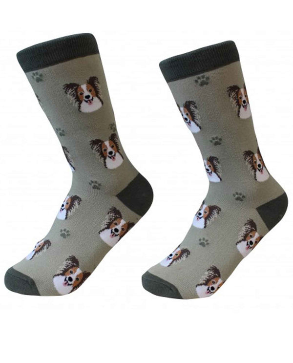 800-63 Papillon Dog Socks grey cotton socks for women with Papillon dog faces printed on them