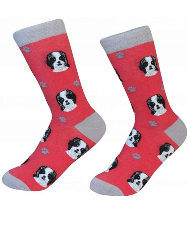 800-87B Shih Tzu Dog Socks red cotton socks with black and white Shih Tzu dogs printed