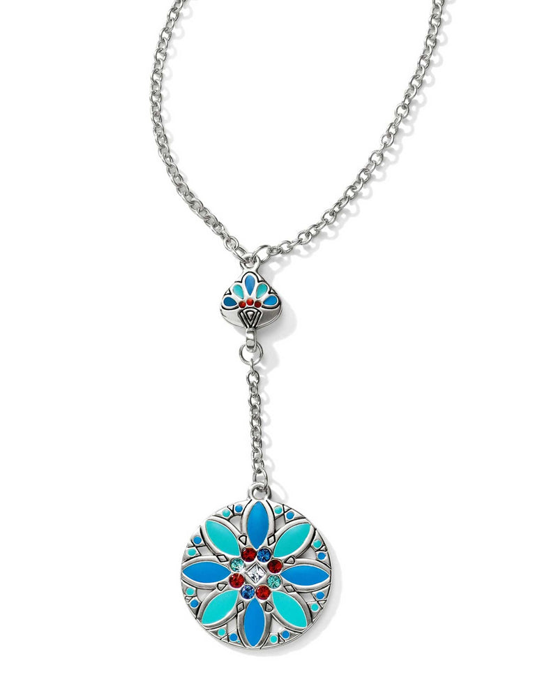 JL9993 Multi Brighton Africa Stories Multi Y Necklace with exotic blue and red geometric print