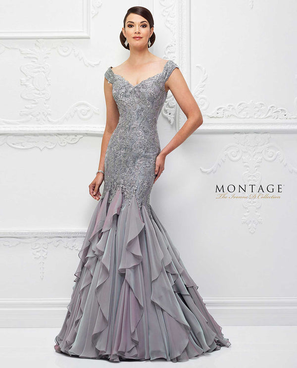 Purple Haze 118D01 Montage Beaded Trumpet Drop Waist Gown wide v-neck ruffled mother of the bride gown