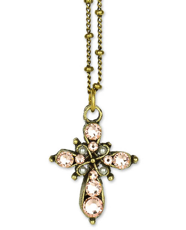 Anne Koplick NK4810 Small Stone Cross Necklace with rose pink Swarovski crystals