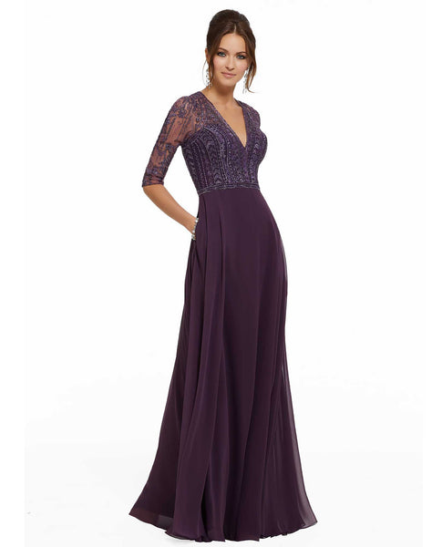 MGNY Beaded 3/4 Sleeve Gown