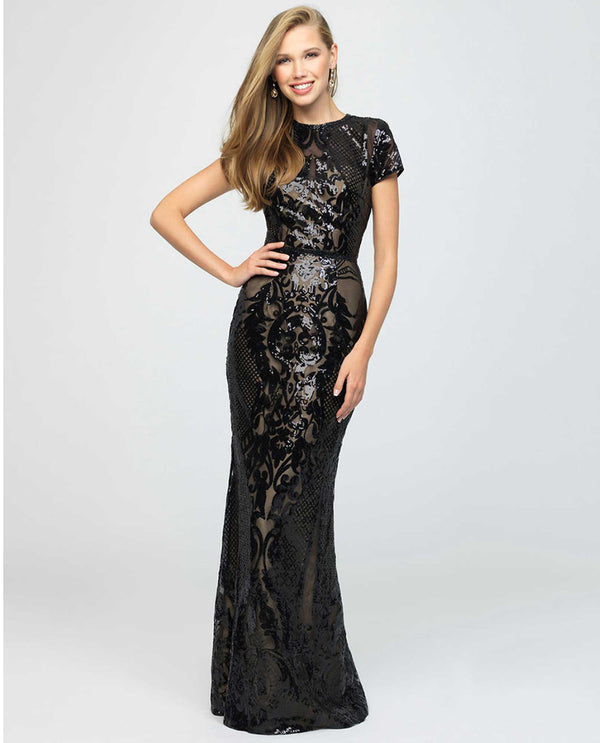 Madison James 19-253M Sequin Placement Print Gown black sequin gown with cap sleeves