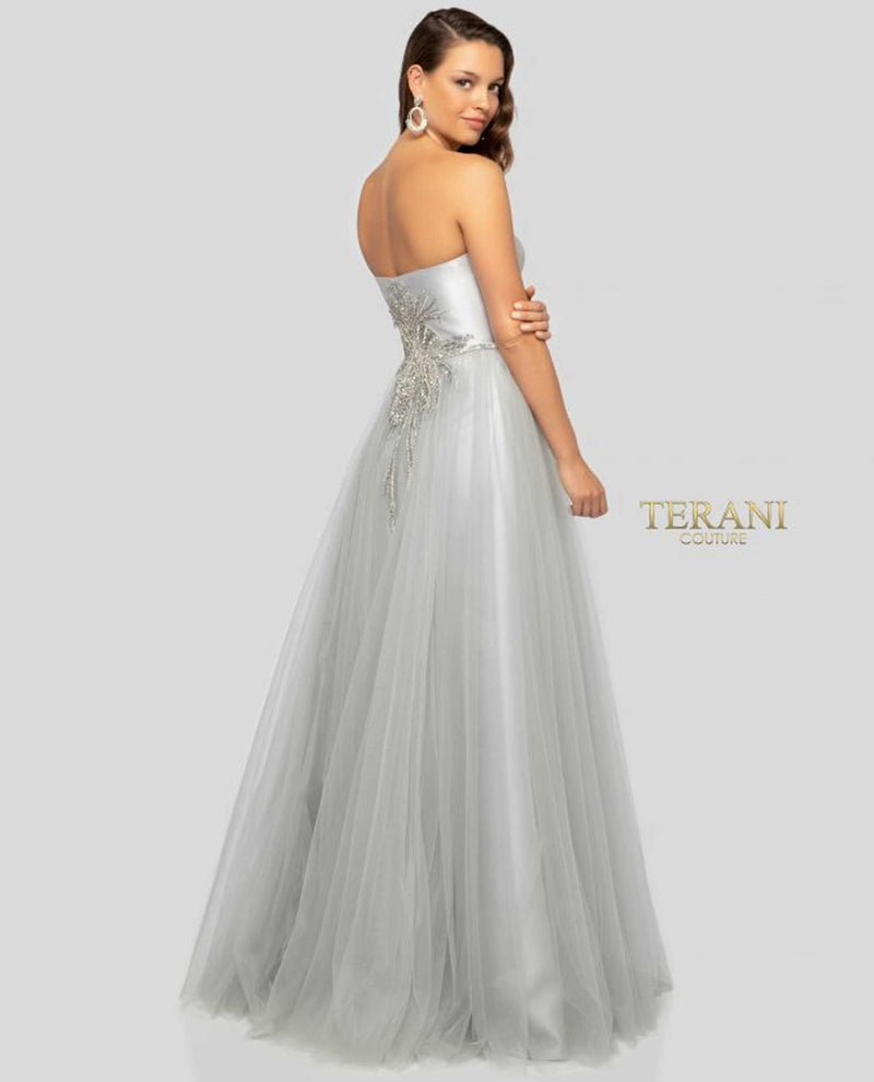 Terani Couture 1912P8211 Strapless Gown with Stones silver strapless ball gown with tulle
