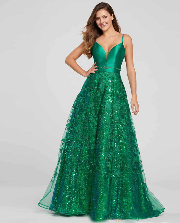 Mon Cheri EW119005 Sequin Ballgown emerald green ball gown with lace skirt and strappy bodice