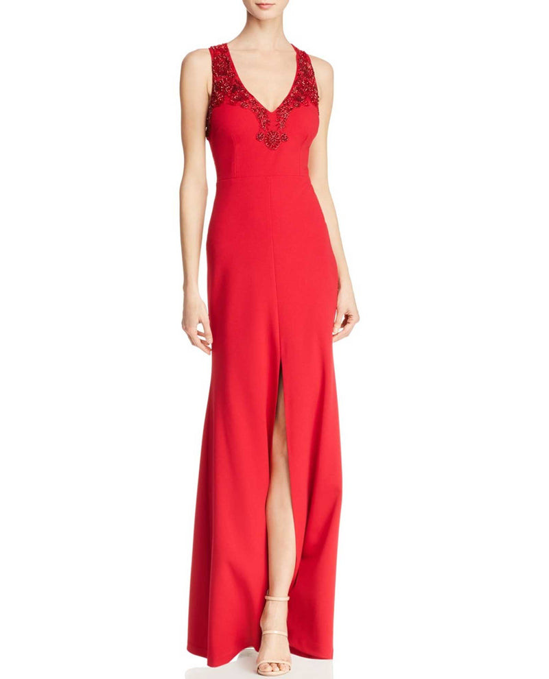 Aidan Mattox MD1E202834 Keyhole Beaded Gown halter red evening gown with open back