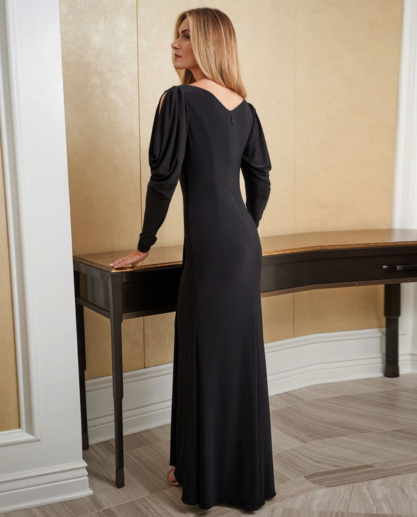 Jade Jasmine J225007 V-Neck Long Sleeve Gown with Slits Black
