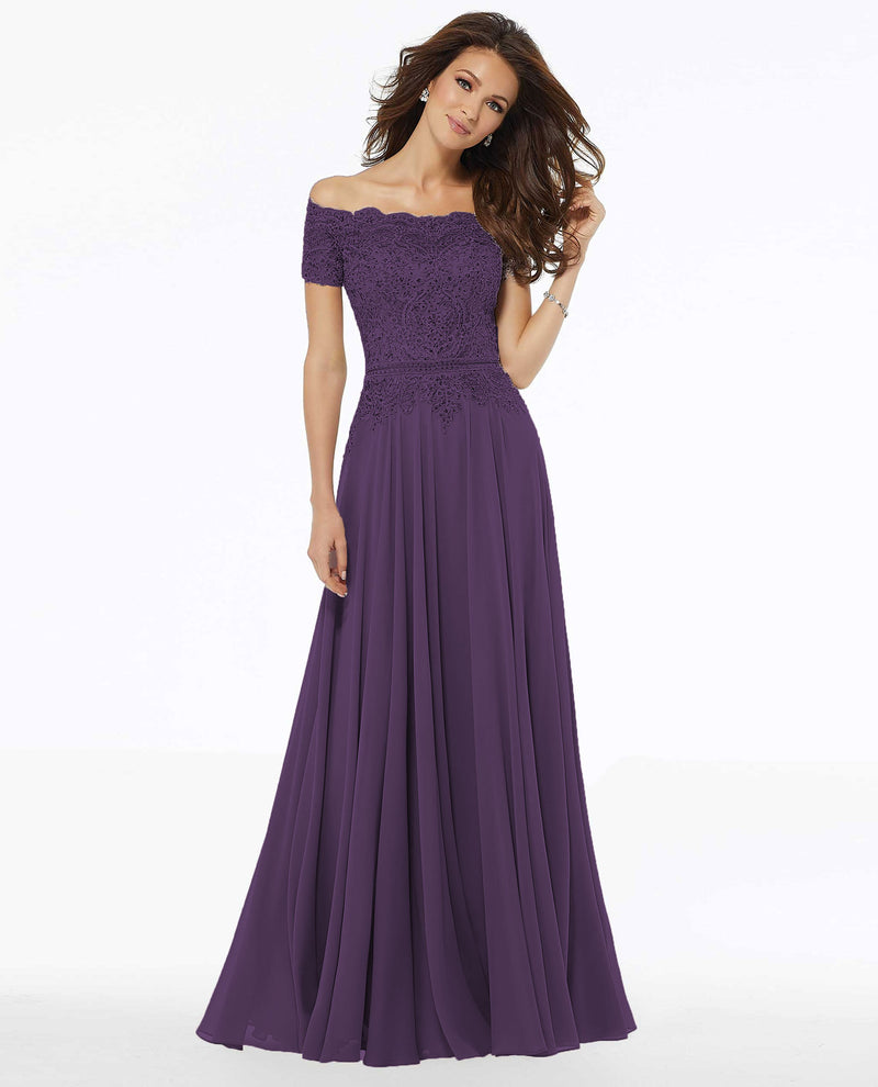 Eggplant Mori Lee 72133 Beaded Off The Shoulder Gown with Lace