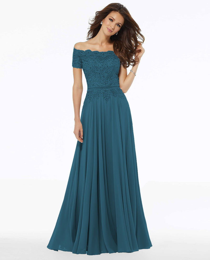 Teal Mori Lee 72133 Beaded Off The Shoulder Gown with Lace
