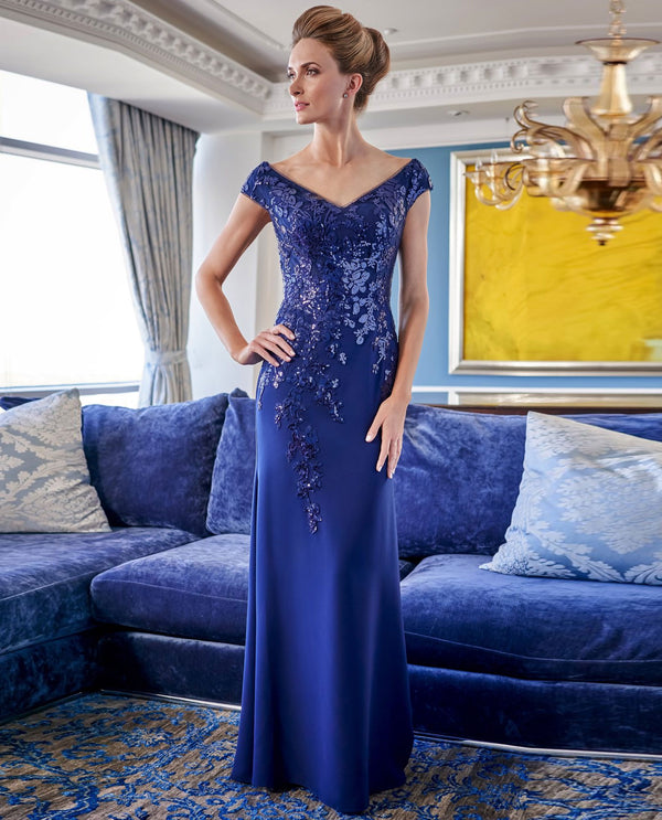 Jade Jasmine K228008 Portrait Neck Gown with Sequin Lace Navy