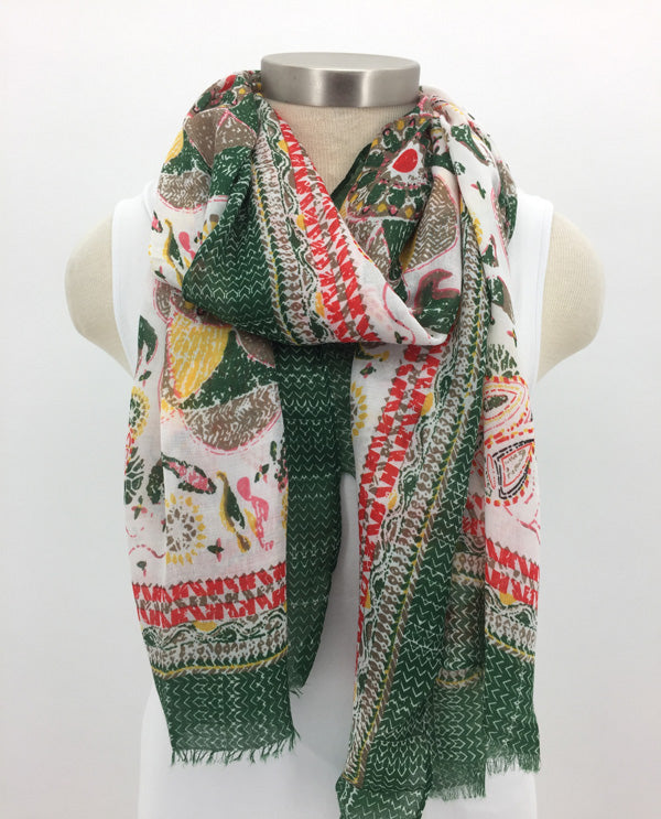 Green Border Scarf with Fringe
