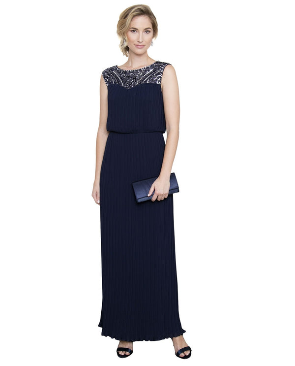 Navy Alex Evenings 170925 Pleated Bead Neck Dress long mother of the bride dress with beads