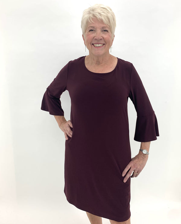 By JJ IT-204 3/4 Bell Sleeve Dress Wine