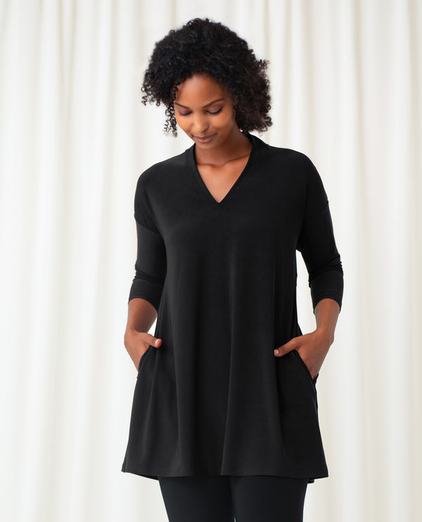 Sympli 23177-2 Deep V Ruched Tunic 3/4 Sleeve Black