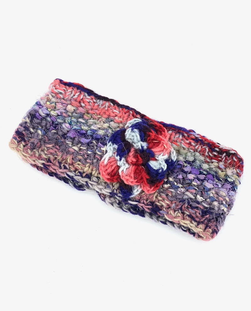 Wool Knit Headband With Flower H-10 Purple