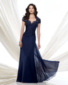 Montage 115974 Lace Cap Sleeve navy mother of the bride gown with Queen Anne neckline