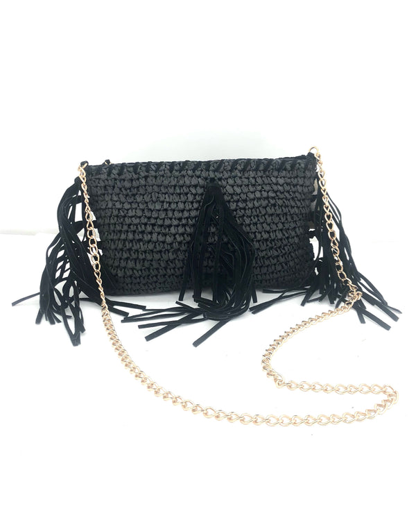 Paper Straw Bag With Fringe P1580S Black
