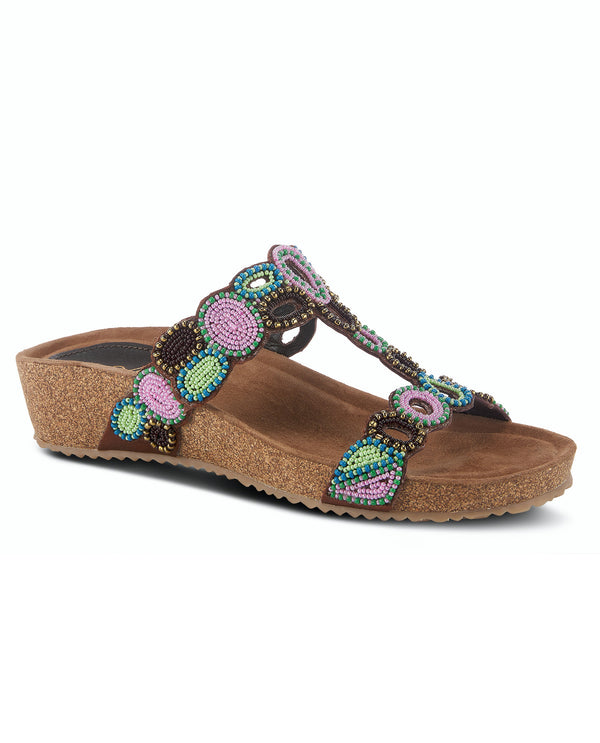 Spring Step Hopscotch Beaded T-Strap Wedge Brown