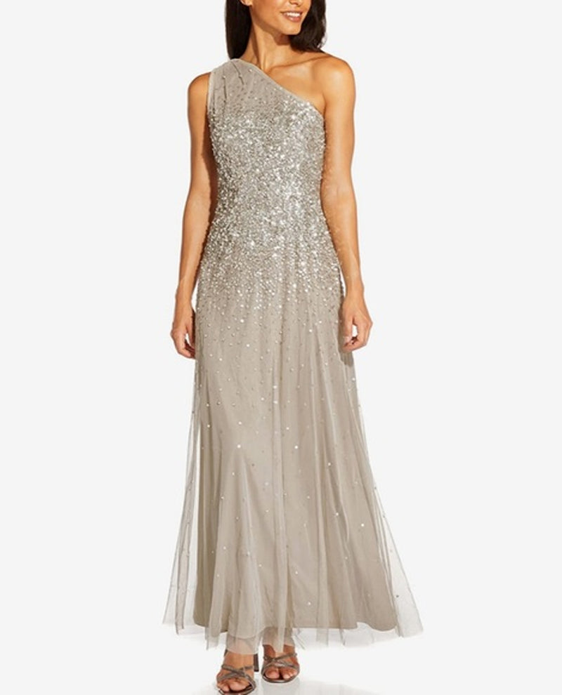 Adrianna Papell AP1E209309 One Shoulder Bead & Sequin Silver
