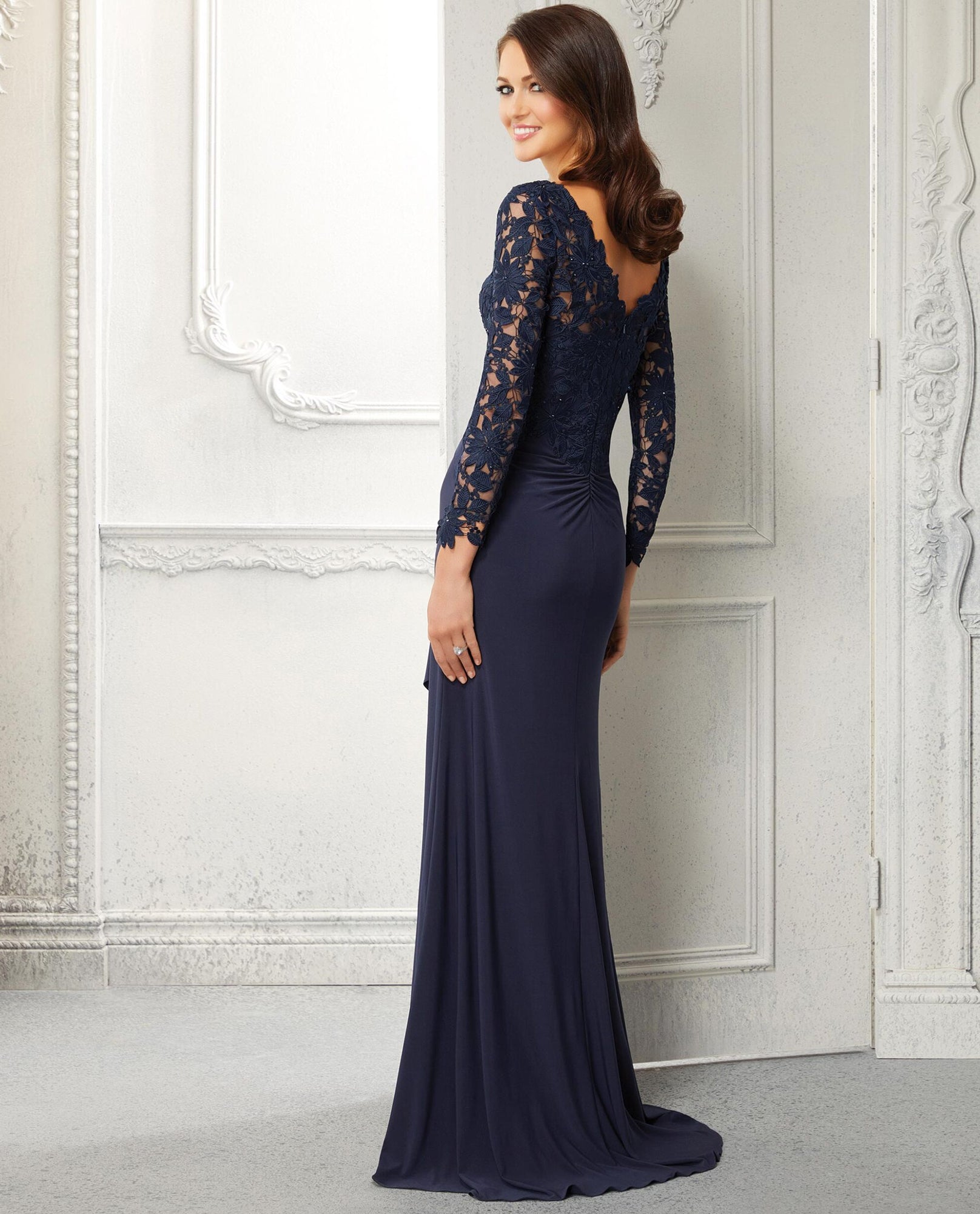 MGNY 72418 Lace Bodice Long Sleeve Jersey Sheath Dress – The Clothing Cove