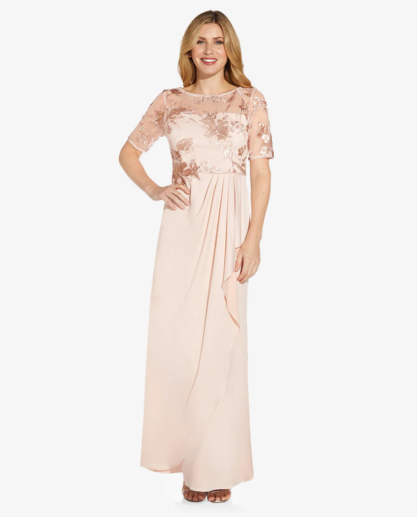 Adrianna Papell AP1E209318 Embroidered Crepe Satin Blush