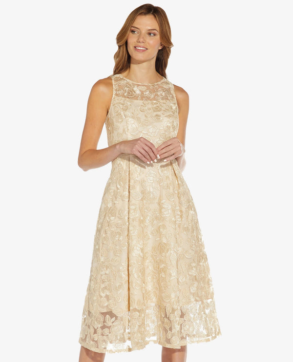 Adrianna Papell AP1D104647 Embroidered Fit & Flare T Length Champagne