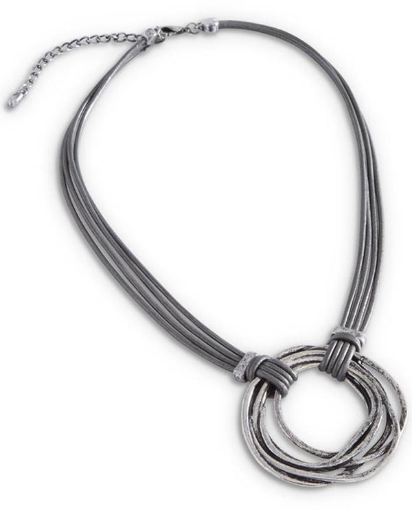 Leather & Circle Necklace 84839A Silver
