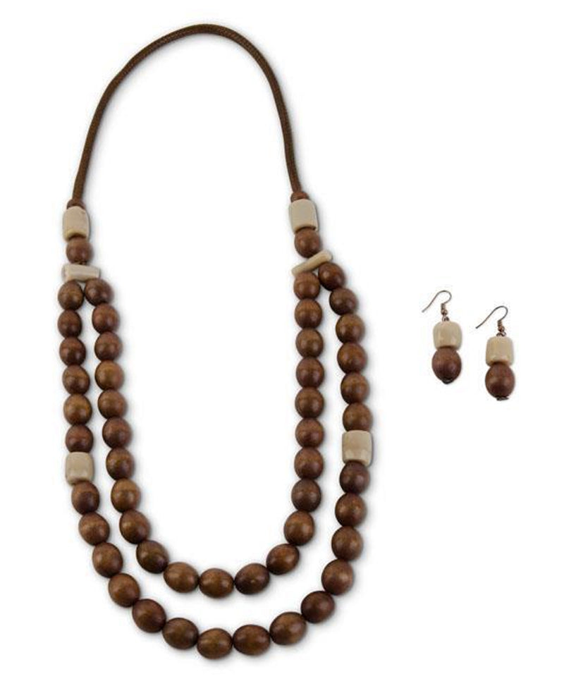 2 Strand Bead With Bone Necklace Set 84460A Brown
