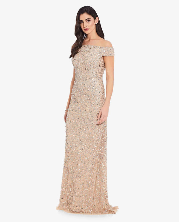 Adrianna Papell AP1E201971 Off Shoulder Beaded Column Champagne