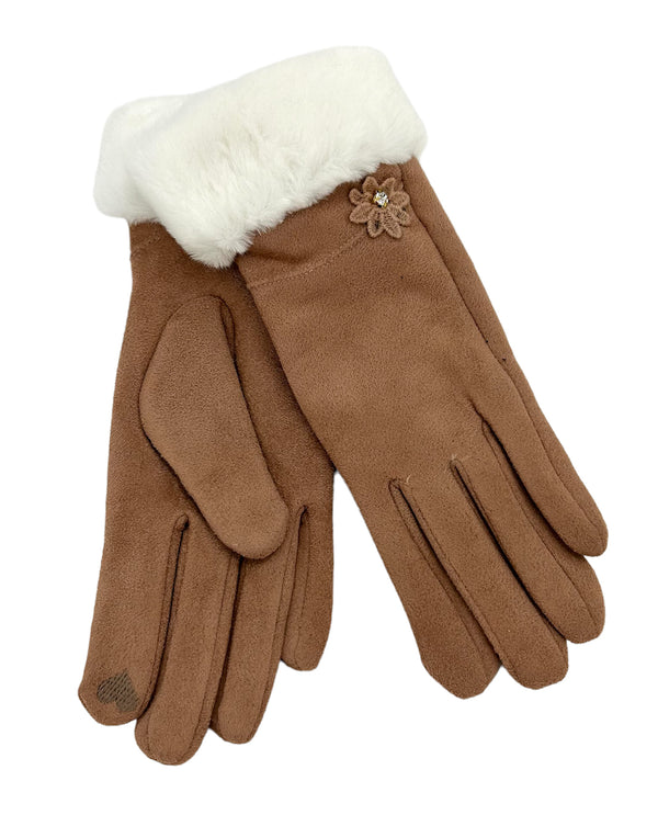 Faux Fur With Flower Trim Glove GV059-3 Beige