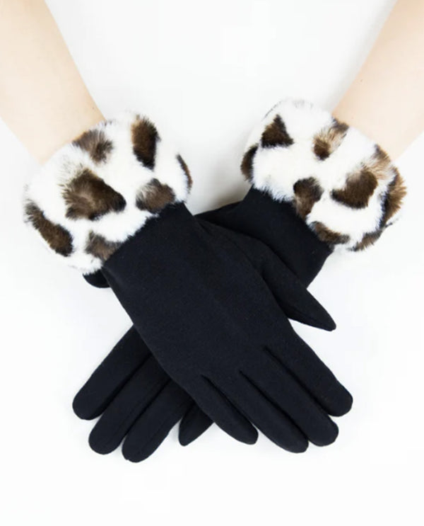 GL12282 Faux Fur Leopard Cuff Glove Black & White