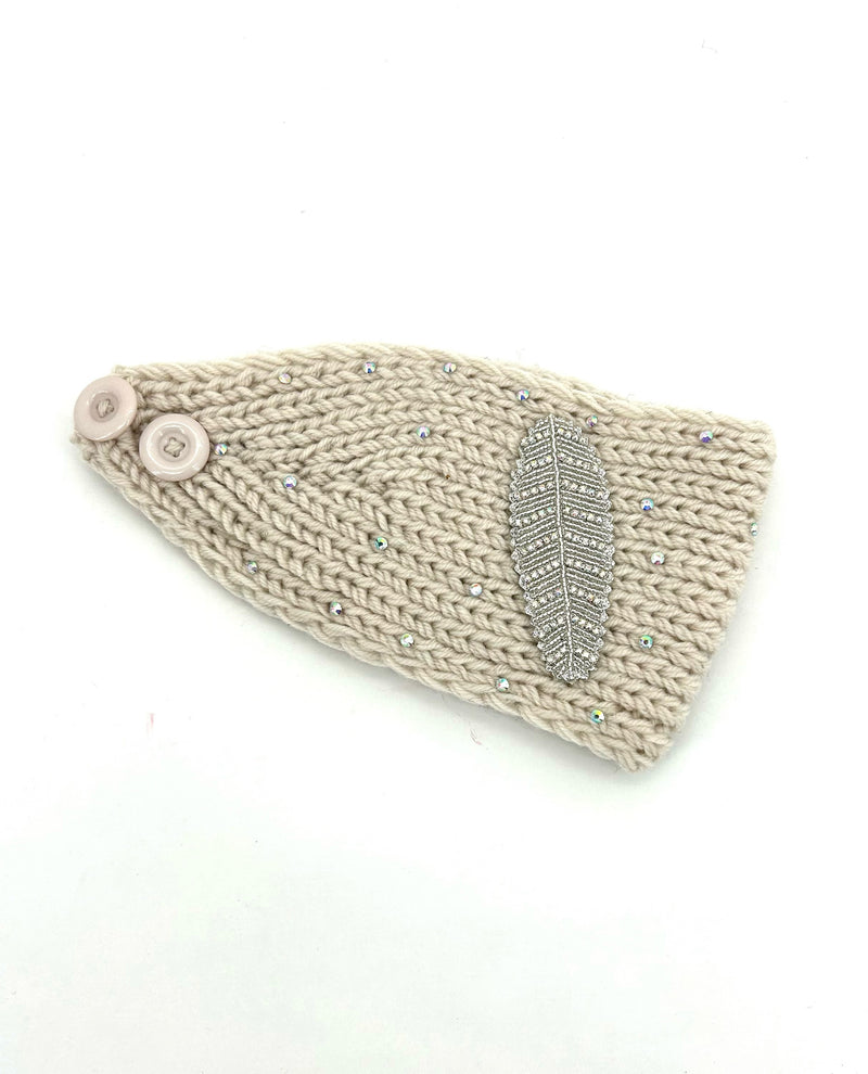 Beaded Feather Knit Headband BA1020 Beige