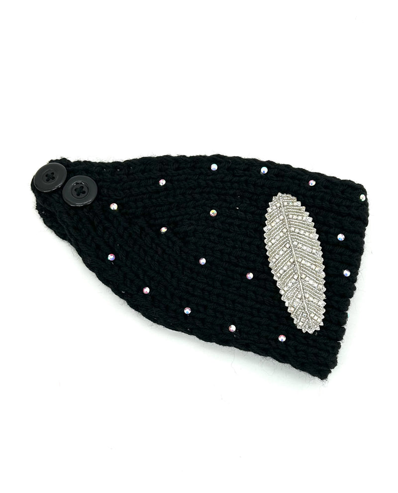 Beaded Feather Knit Headband BA1020 Black