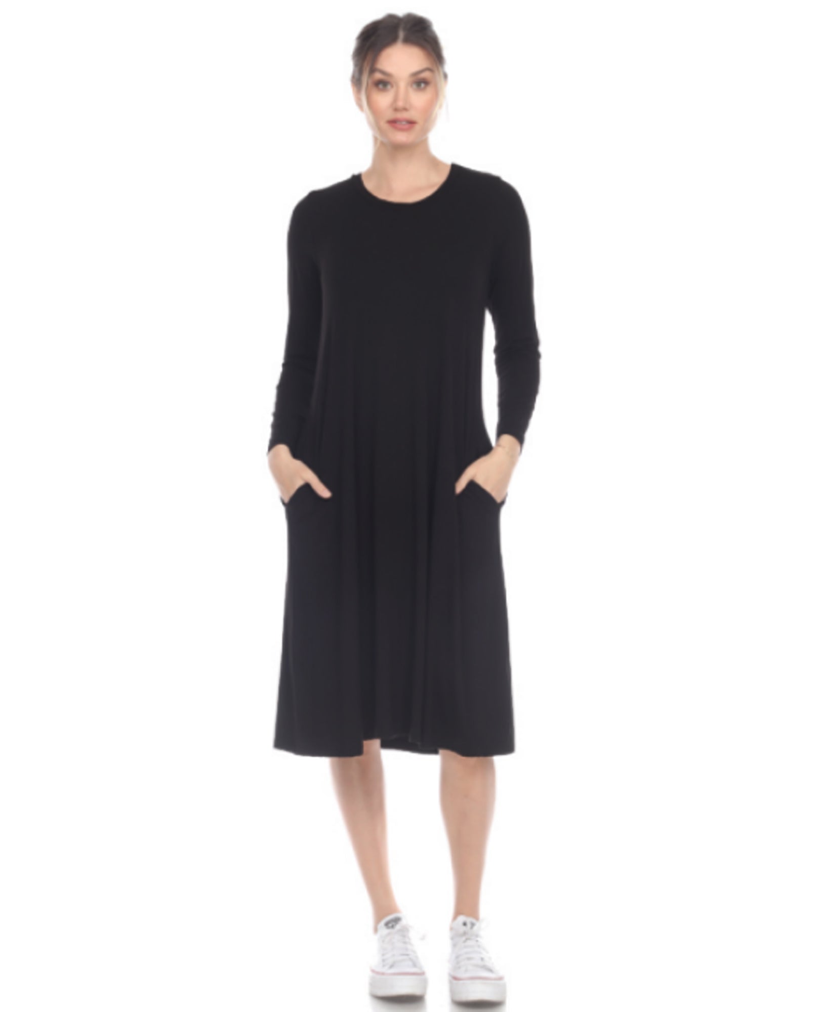 Inoah D360M Long Sleeve A-Line Crew Neck Long Dress | Pocket Dress ...