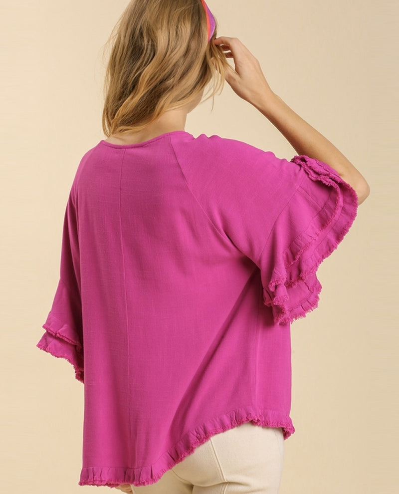 Layered Ruffle Short Sleeve Linen C1955 | Linen Cotton Top With Ruffle ...