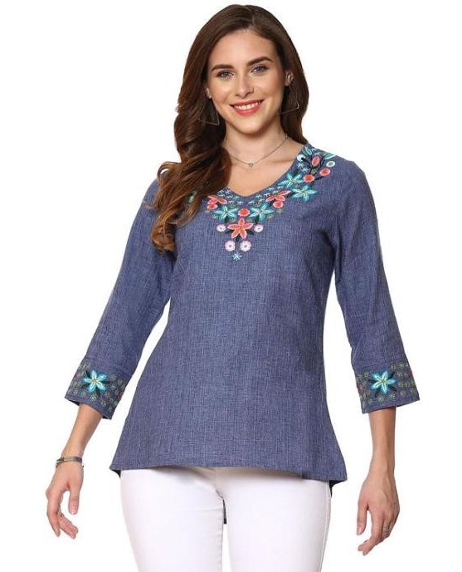 Parsley & Sage 23T42C2 Embroidered V-Neck 3/4 Sleeve Top | All Cotton ...