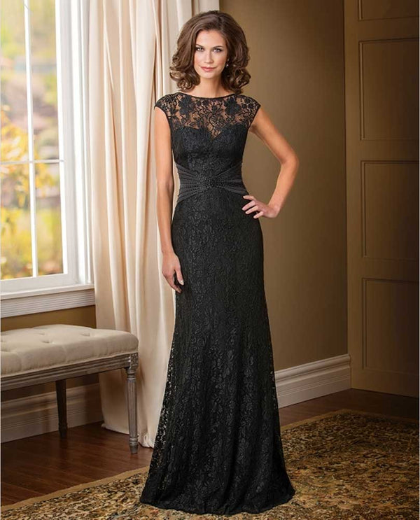 Jade Couture K178010 Lace Cap Sleeves Black mother of the bride gown with lace jeweled neckline