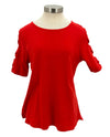 RUBY RD 25992 PETITE BALLET-NECK SOLID SOFT INTERLOCK ELBOW SLEEVE TOP TOMATO