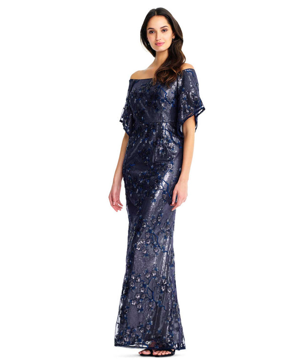 Aidan Mattox MD1E203759 Off Shoulder Sequin Gown Twig navy blue off the shoulder gown
