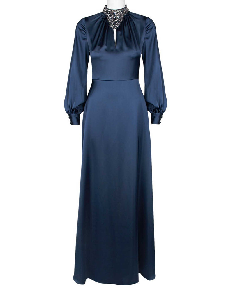 Aidan Mattox MD1E203971 Jewel Neck Gown navy blue long sleeve gown