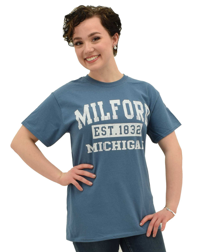 Denim Milford MI Tee women's basic t-shirt that says Milford MI Est. 1832