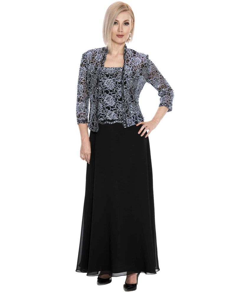 Emma Street 1116540 Beaded Lace Jacket Dress Black Silver Tea Length Chiffon Dress with Jacket