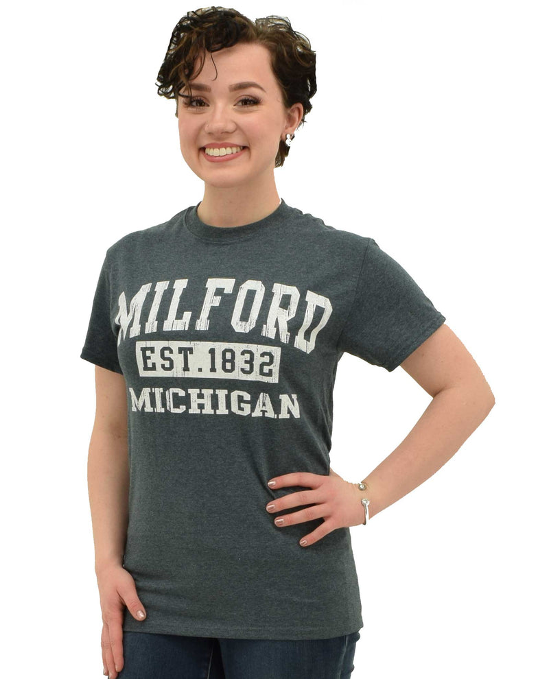 Graphite Milford MI Tee women's basic t-shirt that says Milford MI Est. 1832