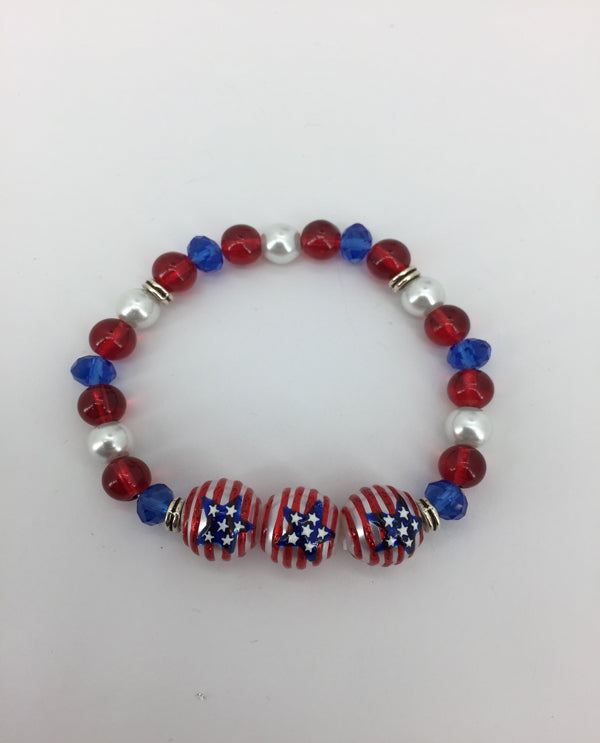 Red, White And Blue 3 Stars And Stripe Bead Bracelet
